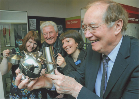 Group photo of Catherine Lister (Collections Officer), Stan Harper (ex-employee), Jennifer Thomson (Community History Curator) and Nigel